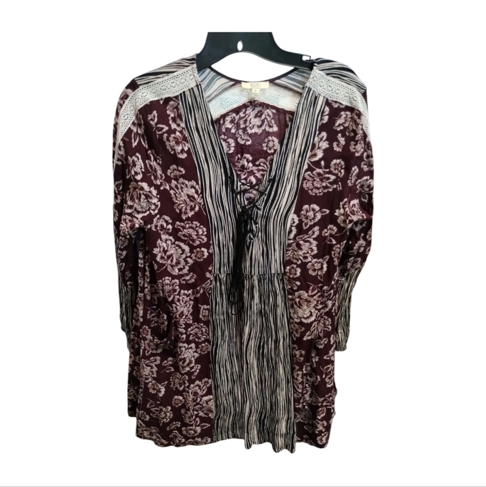 Kori Women's Floralβ Stripe Lace Patchwork Bohemian Beachy Peasant Mini Dress S
